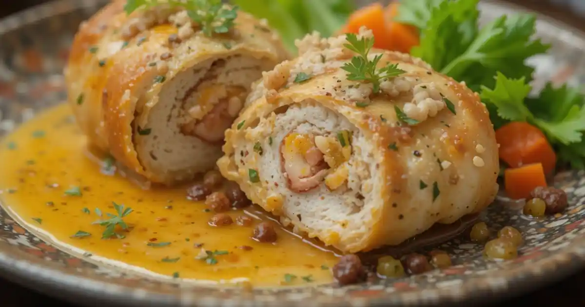 Chicken ballotine stuffed with herbs and vegetables, perfectly roasted