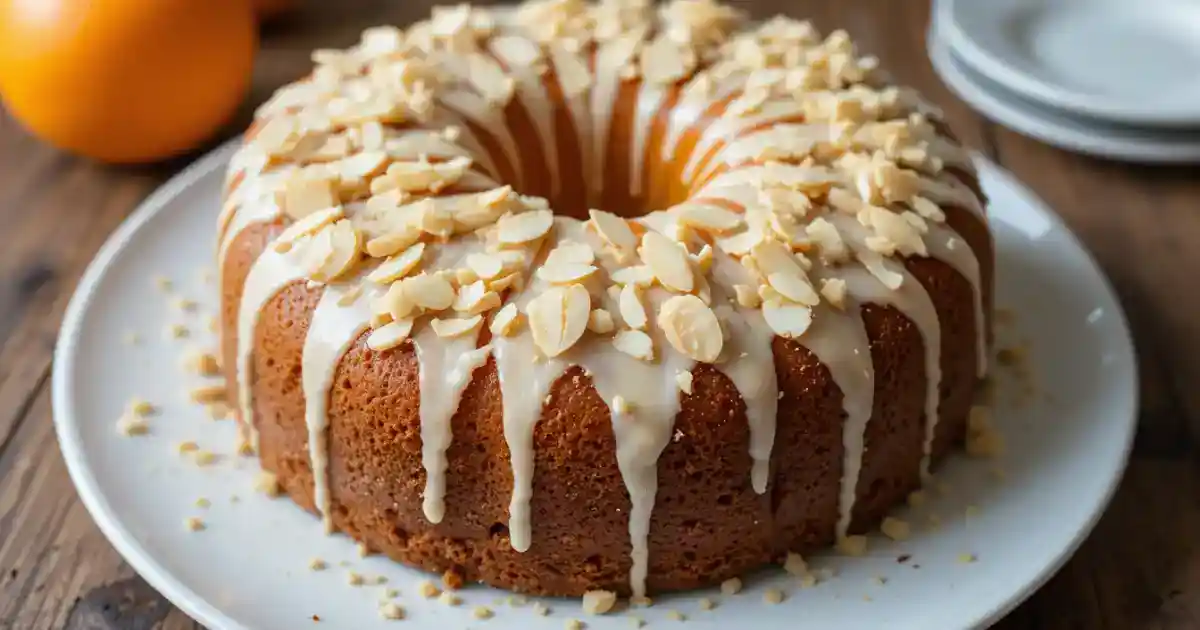 Freshly baked orange almond cake with a golden brown crust