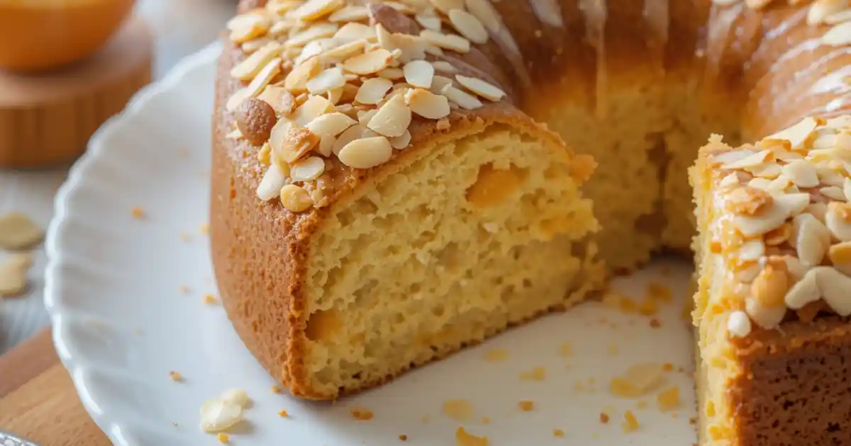 Freshly baked orange almond cake with a golden brown crust