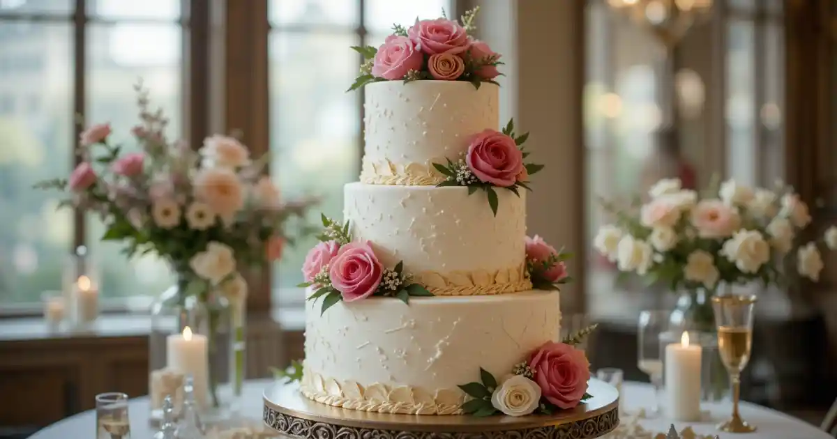 Beautifully decorated wedding cake with intricate designs for your special day