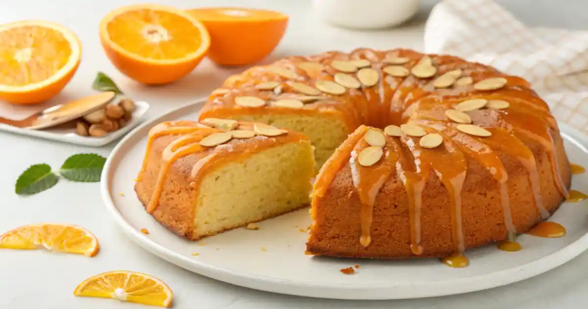 Moist orange almond cake topped with fresh orange zest and almonds