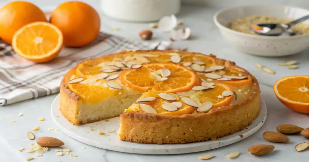 Italian orange almond cake topped with orange slices and powdered sugar