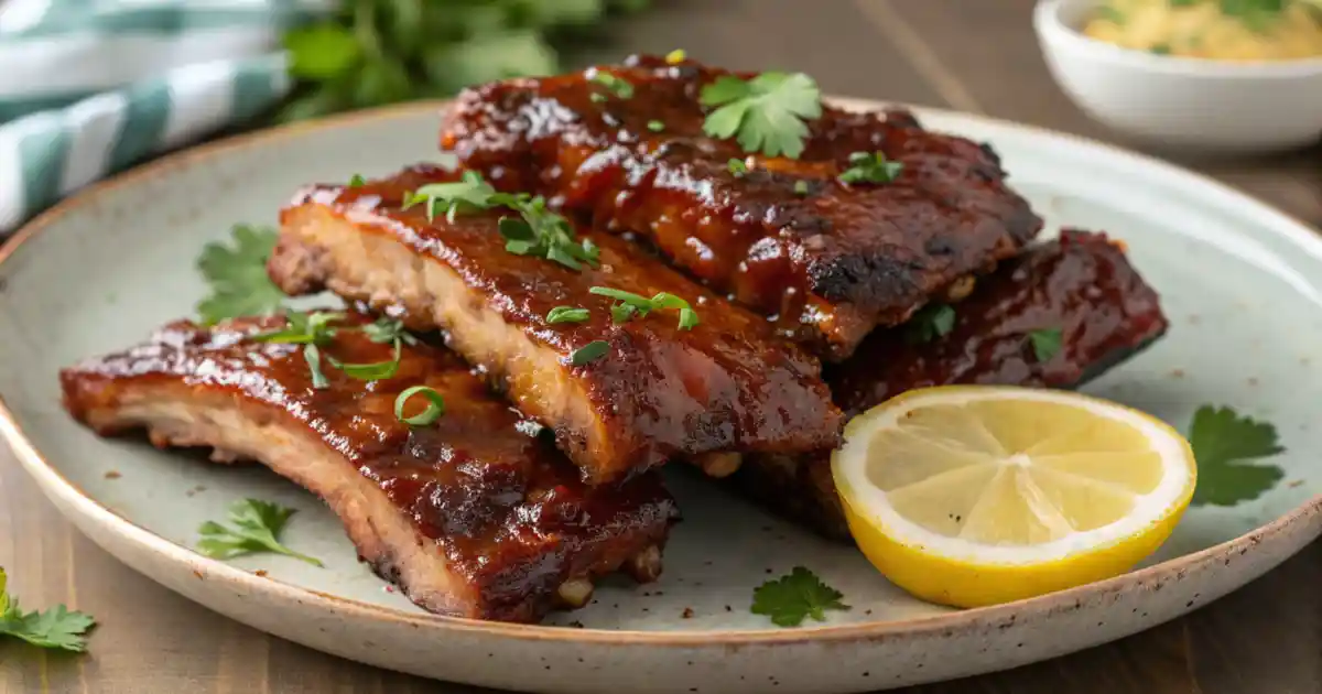 BBQ chicken ribs glazed with barbecue sauce and served with herbs