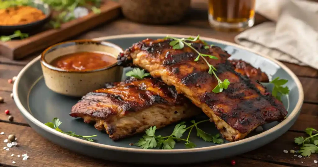 Raw chicken ribs on a cutting board with herbs and spices.