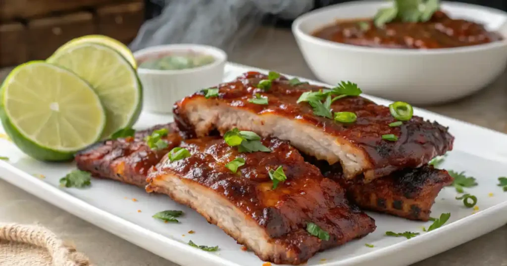 BBQ chicken ribs glazed with barbecue sauce and served with herbs
