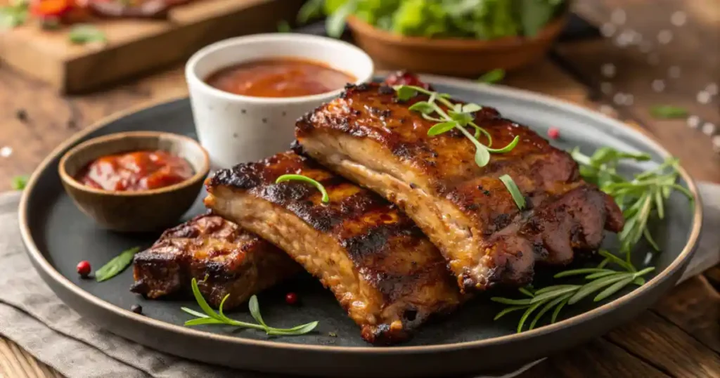 Raw chicken ribs on a cutting board with herbs and spices.