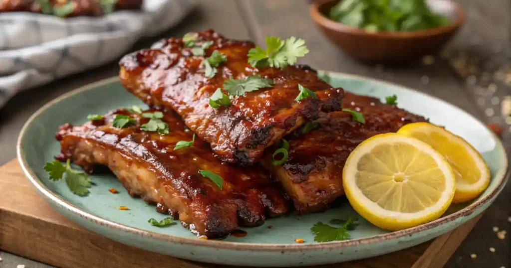 BBQ chicken ribs glazed with barbecue sauce and served with herbs