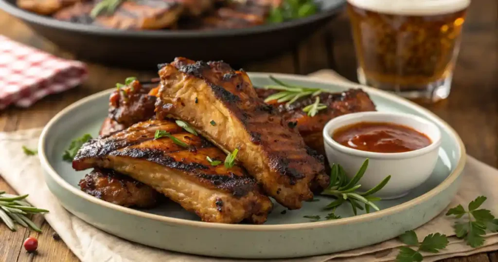 Raw chicken ribs on a cutting board with herbs and spices.