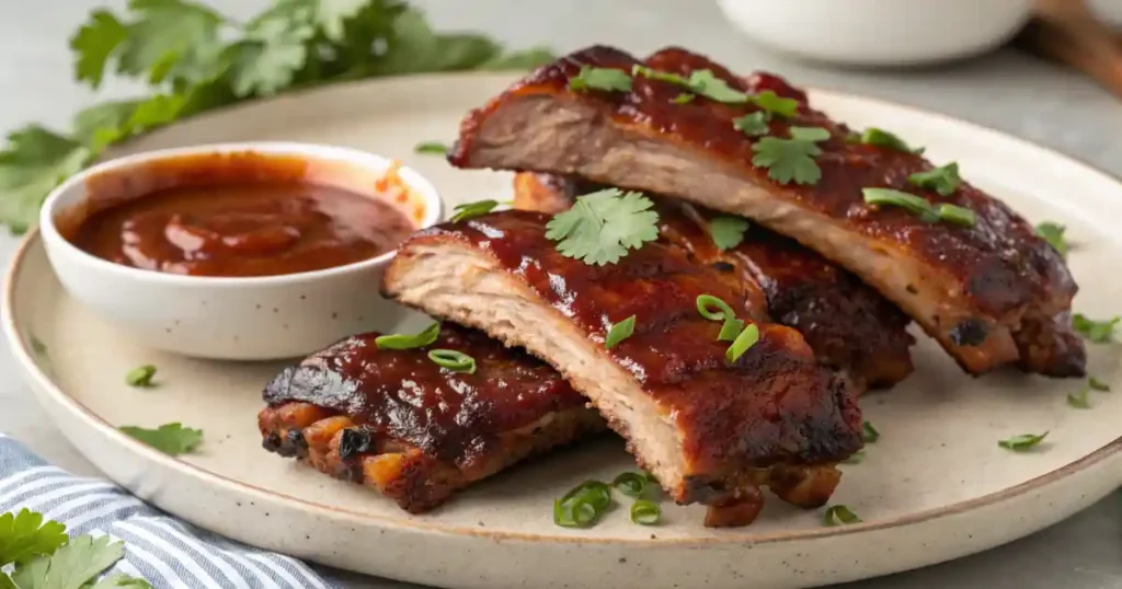 BBQ chicken ribs glazed with barbecue sauce and served with herbs