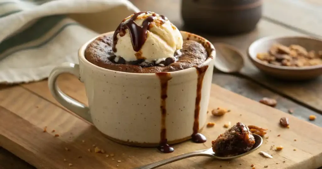 Nutella mug cake no egg served warm in a ceramic mug, topped with vanilla ice cream and melted Nutella drizzle, on a rustic wooden table.