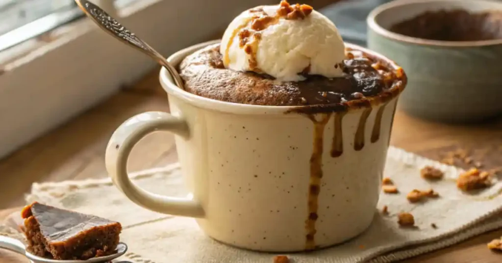 Nutella mug cake no egg served warm in a ceramic mug, topped with vanilla ice cream and melted Nutella drizzle, on a rustic wooden table.