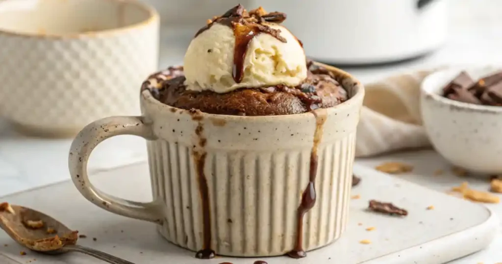 Nutella mug cake no egg served warm in a ceramic mug, topped with vanilla ice cream and melted Nutella drizzle, on a rustic wooden table.