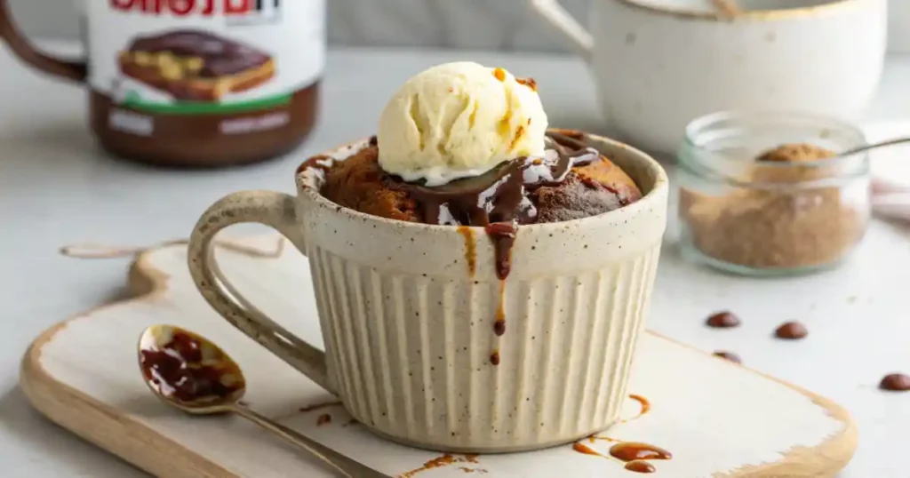 Nutella mug cake no egg served warm in a ceramic mug, topped with vanilla ice cream and melted Nutella drizzle, on a rustic wooden table.