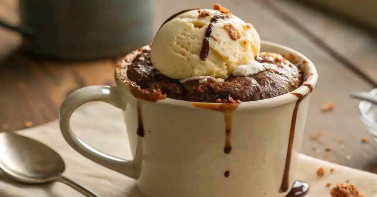Nutella mug cake no egg served warm in a ceramic mug, topped with vanilla ice cream and melted Nutella drizzle, on a rustic wooden table.