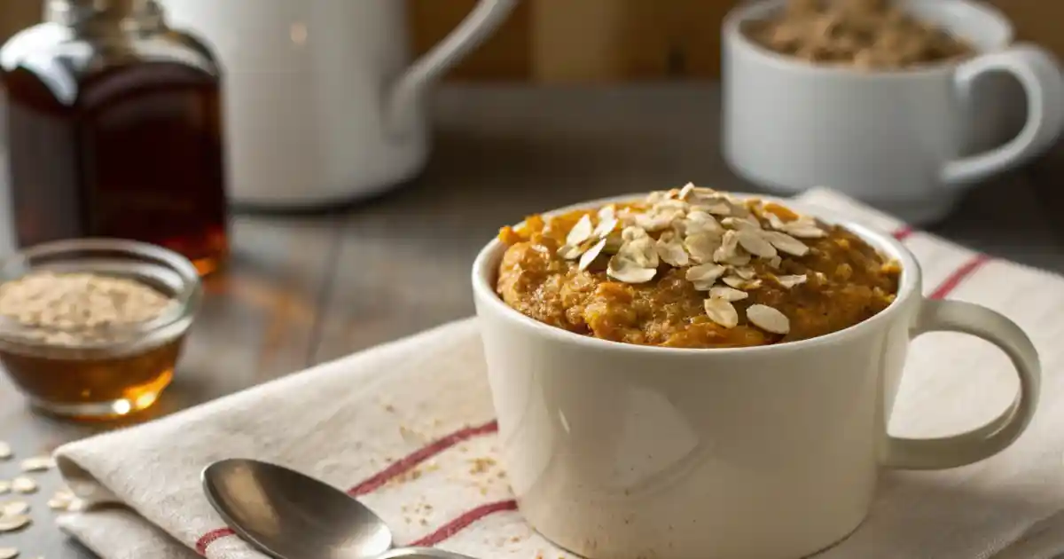 A freshly made pumpkin mug cake oatmeal in a rustic mug, topped with a drizzle of maple syrup and a sprinkle of cinnamon, sitting on a wooden table with a cozy napkin and spoon nearby.