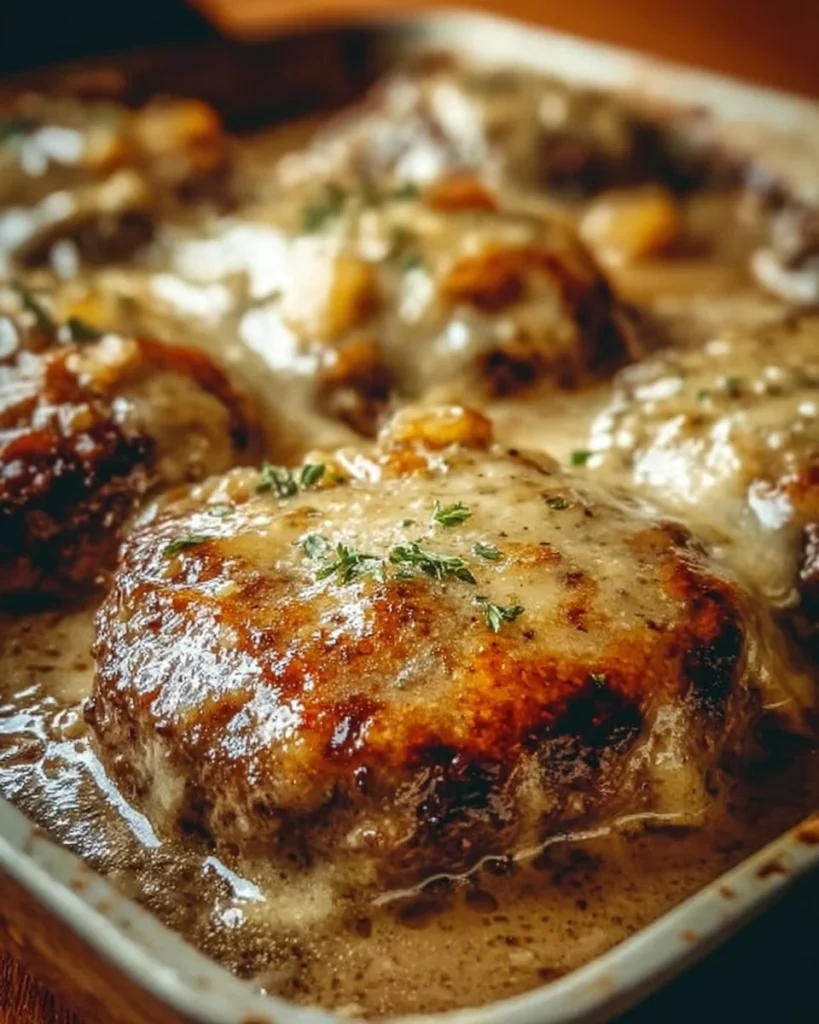 Amish Hamburger Steak Bake served on a rustic plate with side vegetables