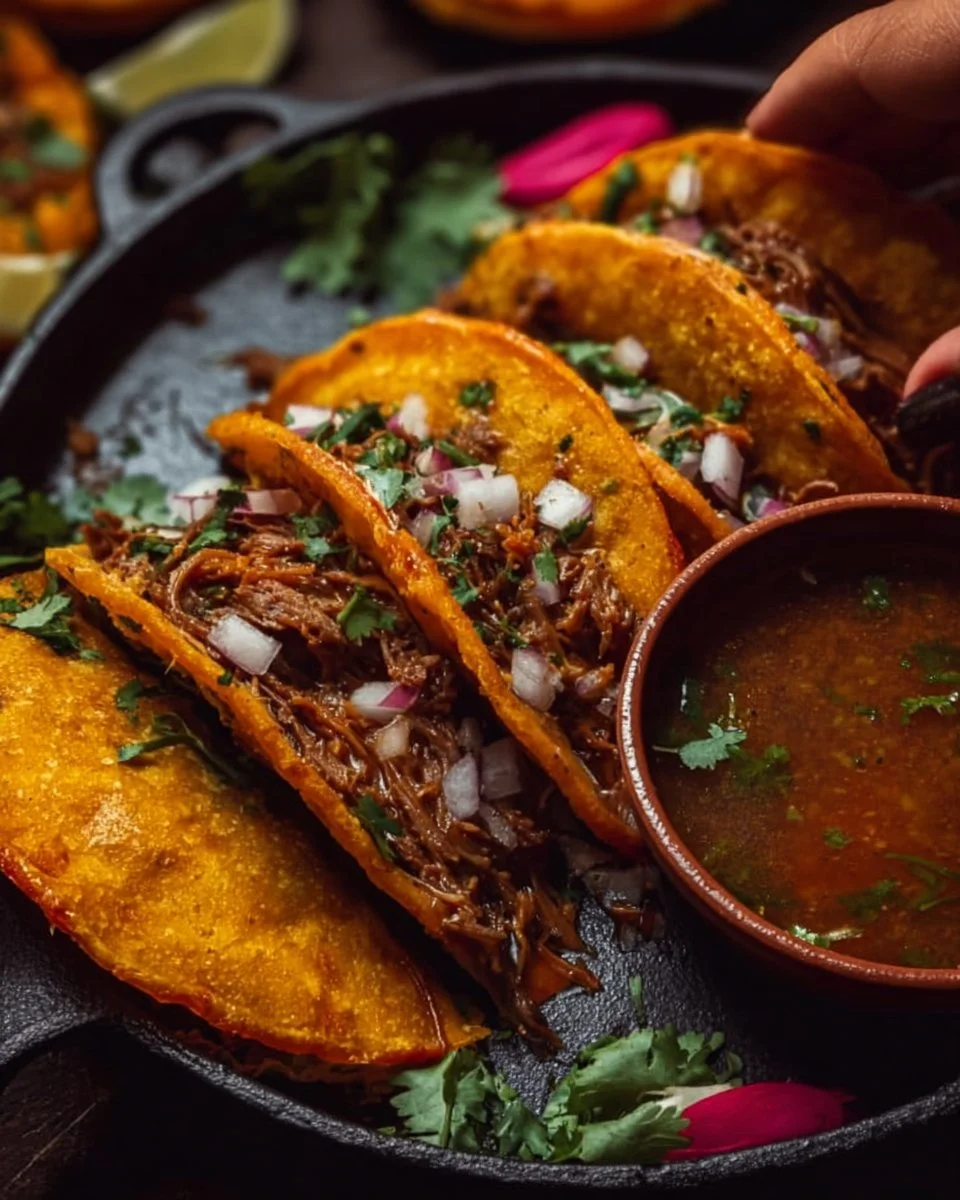 Delicious Birria Tacos served with broth and toppings