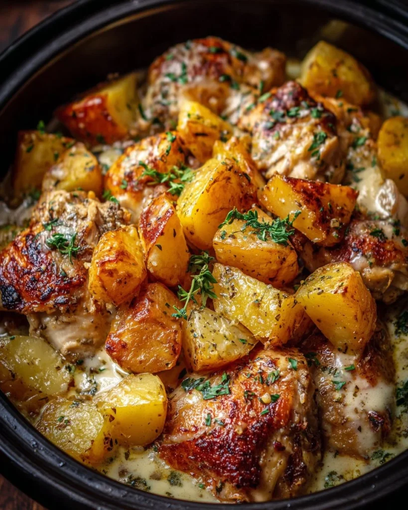 Delicious Garlic Parmesan Chicken with potatoes cooked in a crockpot
