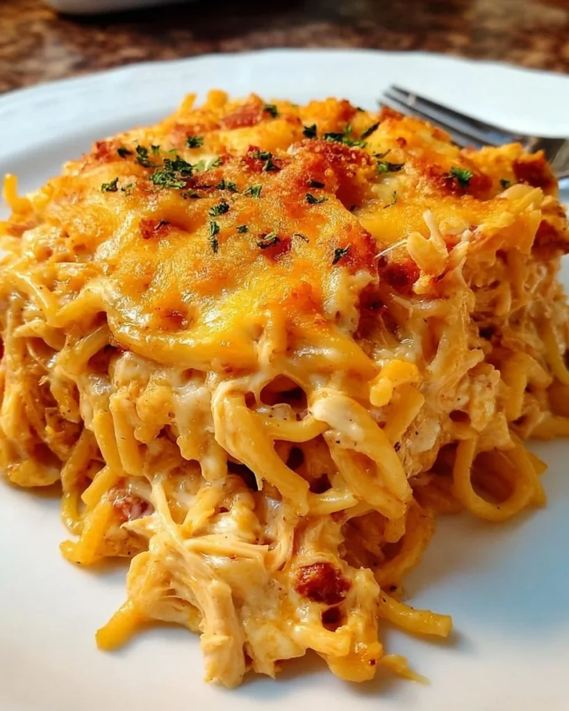 Spicy Southern cheesy chicken spaghetti casserole on a plate