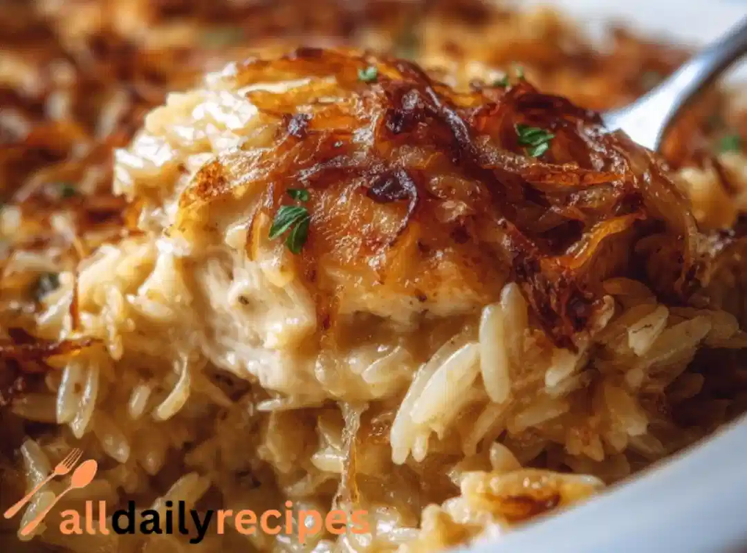 French Onion Chicken Orzo Casserole