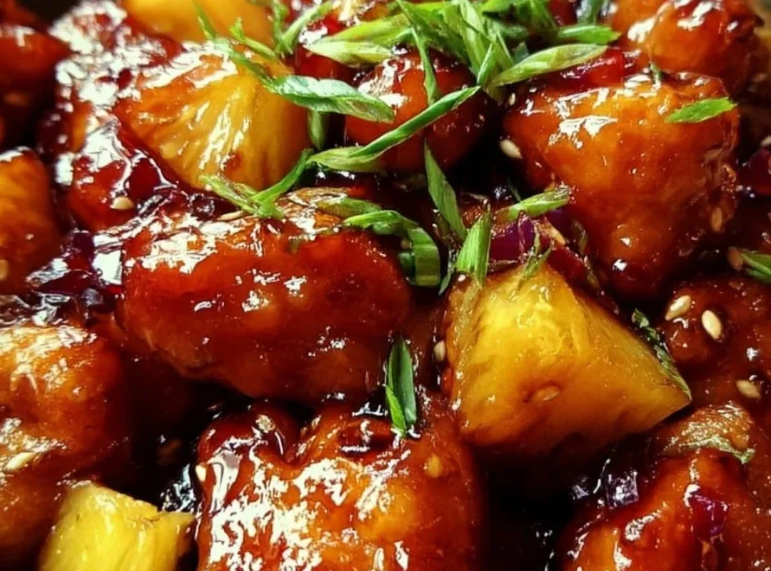 Delicious Brown Sugar Pineapple Chicken served with fresh vegetables.