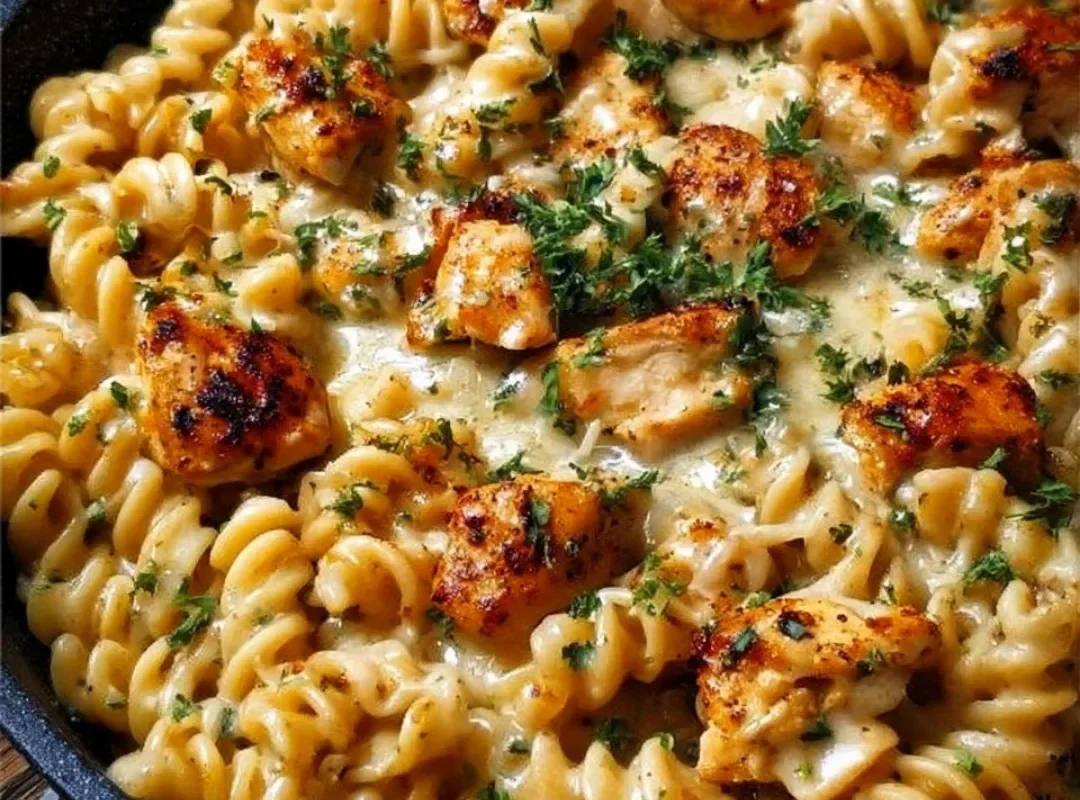 Cheesy Cajun Garlic Chicken Rotini Skillet served in a bowl, perfect for cozy dinners.