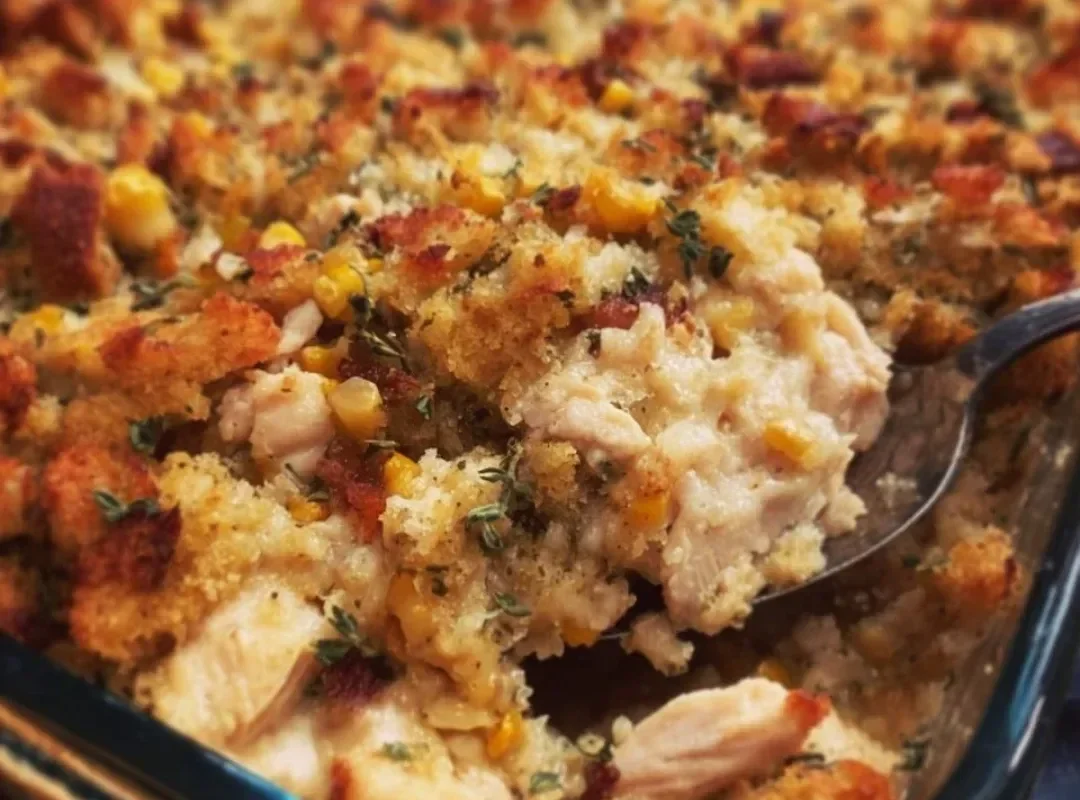 Chicken and stuffing casserole served in a baking dish