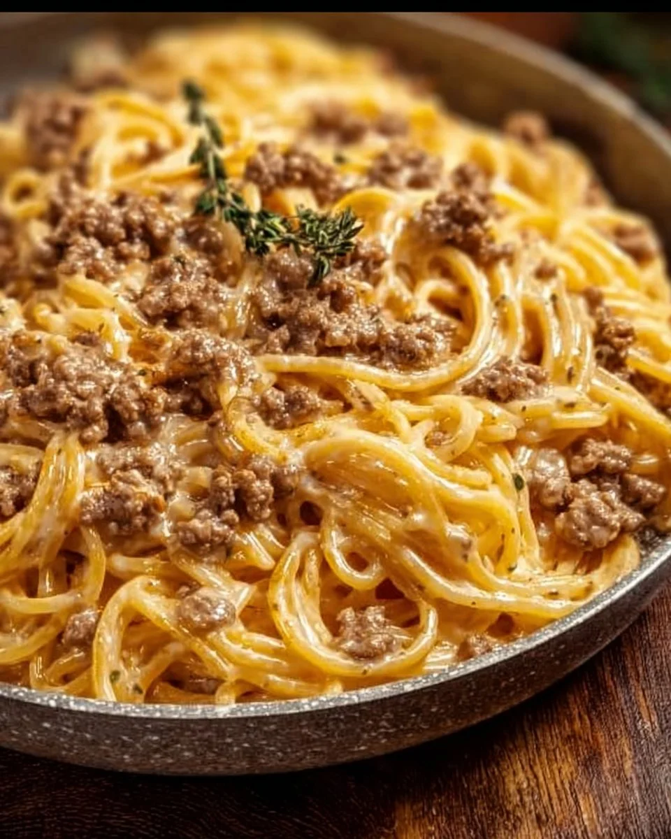 Creamy garlic butter pasta with ground beef served in a bowl, garnished with herbs.