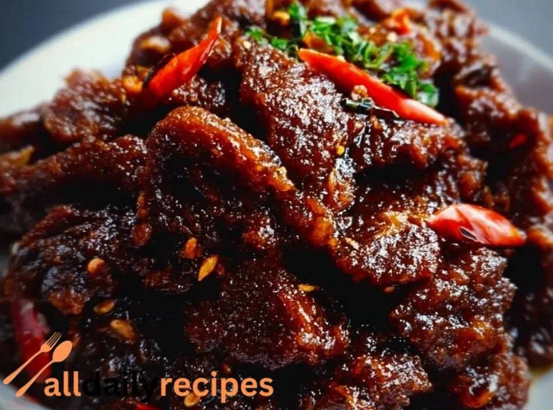 Plate of crispy chilli beef with colorful vegetables and aromatic sauce