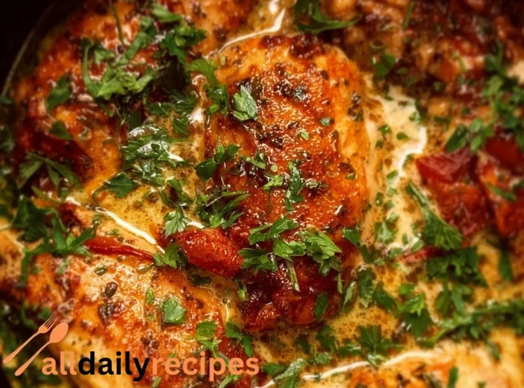 Delicious Crock Pot Marry Me Chicken served with herbs and pasta
