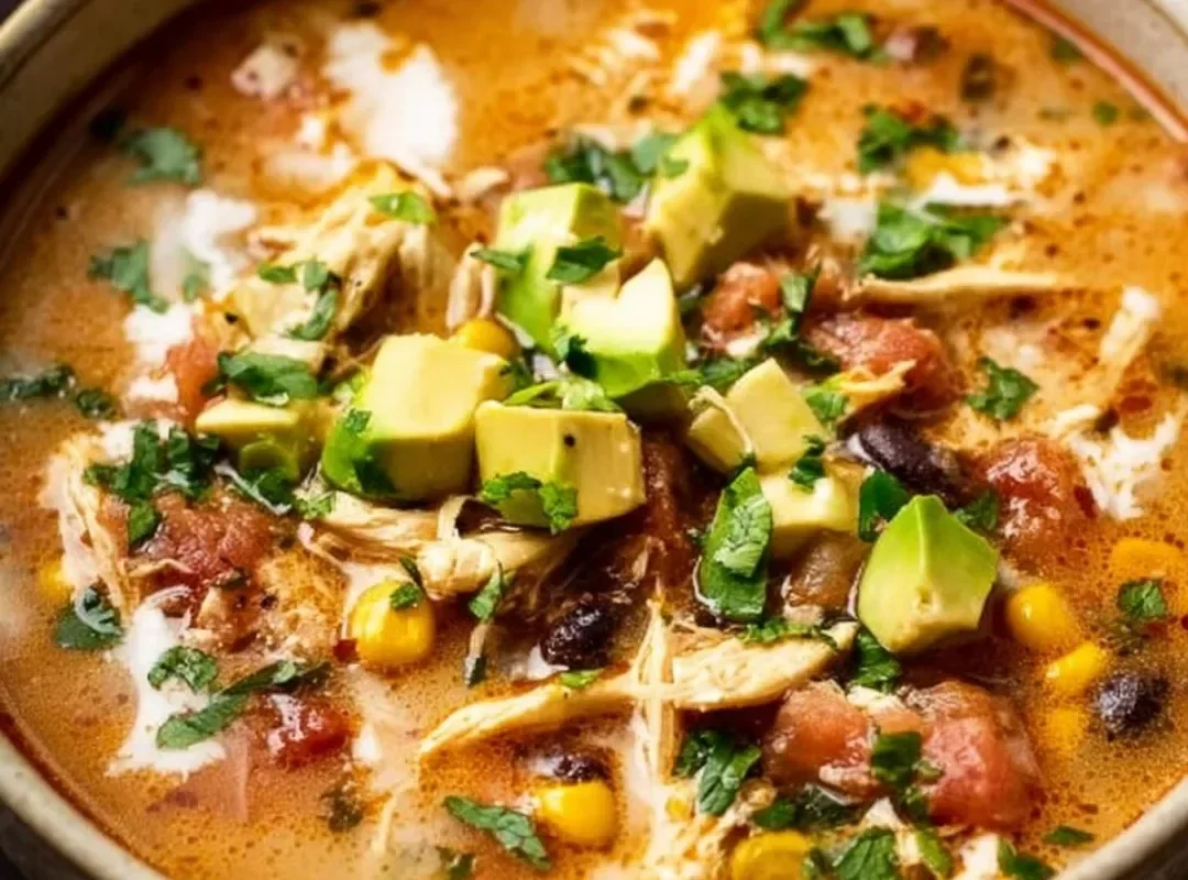 Delicious bowl of easy chicken taco soup topped with cheese and cilantro