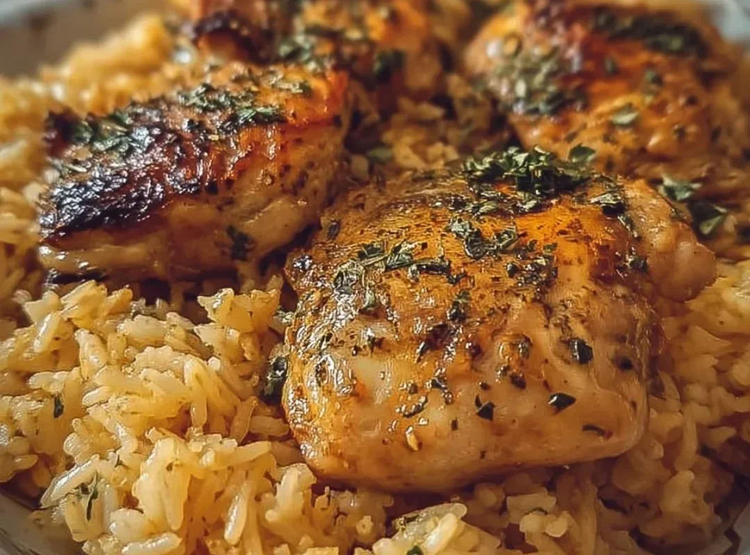 Delicious plate of forgotten chicken and rice dish garnished with herbs