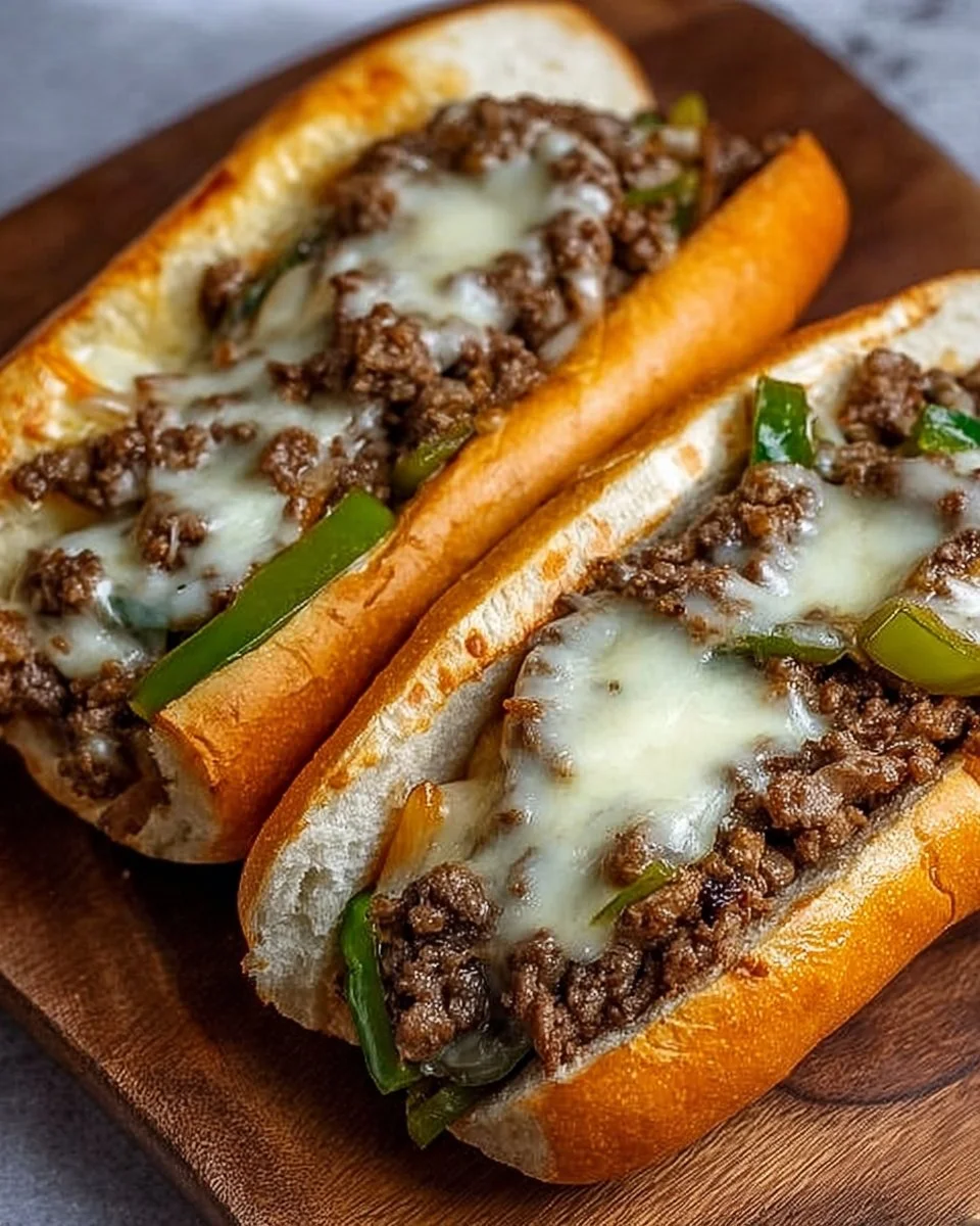 Delicious Ground Beef Philly Cheesesteaks topped with melted cheese and peppers