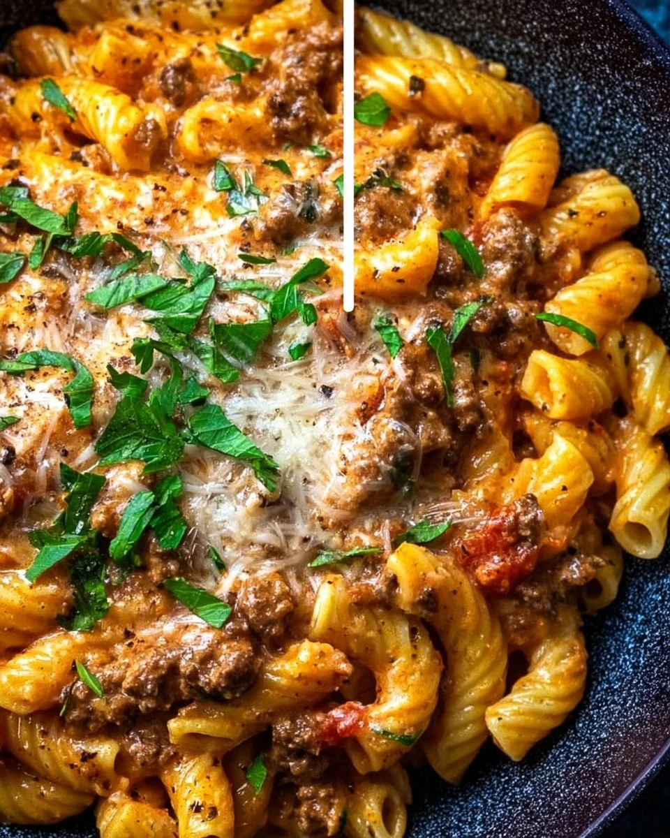 Creamy beef pasta dish served in a bowl for a quick weeknight dinner