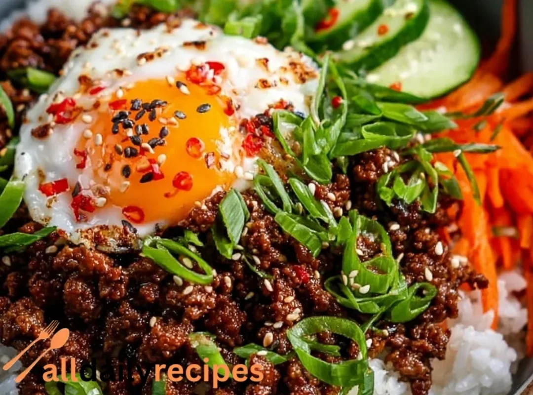 Korean Ground Beef Bowl with vegetables and rice in a colorful presentation