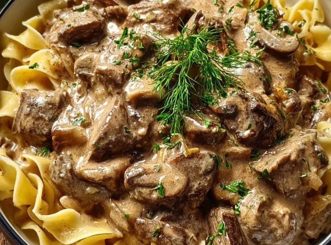 Delicious Old Fashioned Beef Stroganoff served with creamy noodles and mushrooms