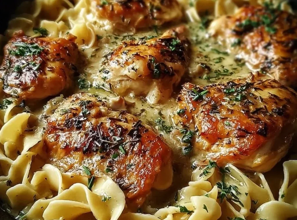 One-Pan Chicken with Buttered Noodles dish with fresh herbs and spices