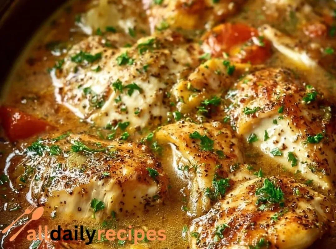 Delicious Ranch Chicken cooked in a crock pot, served with a side of vegetables.
