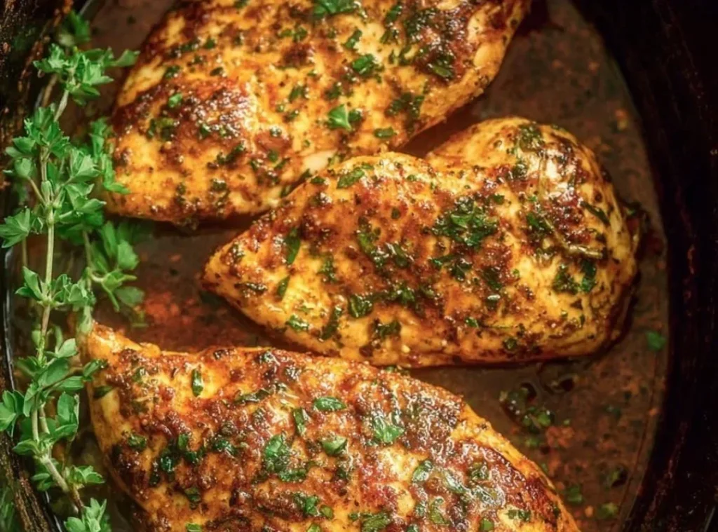 Slow cooker chicken breasts cooked to perfection with herbs and spices.