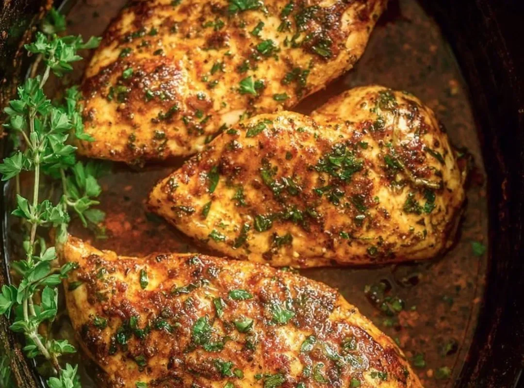 Slow cooker chicken breasts cooked to perfection with herbs and spices.