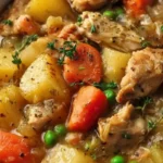 A bowl of slow cooker chicken stew with vegetables and herbs