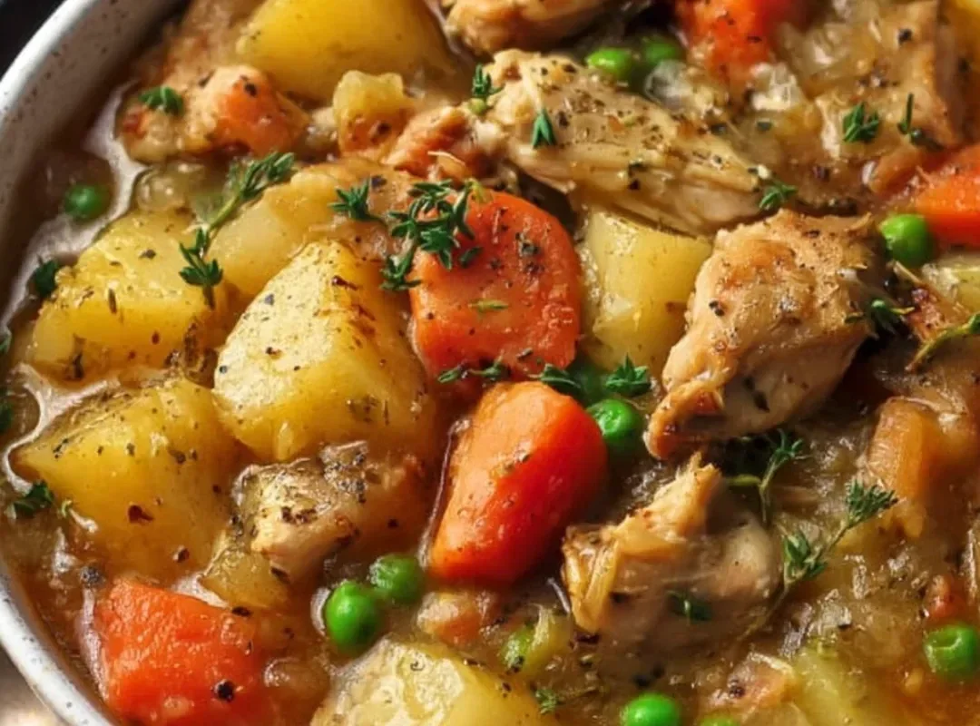 A bowl of slow cooker chicken stew with vegetables and herbs