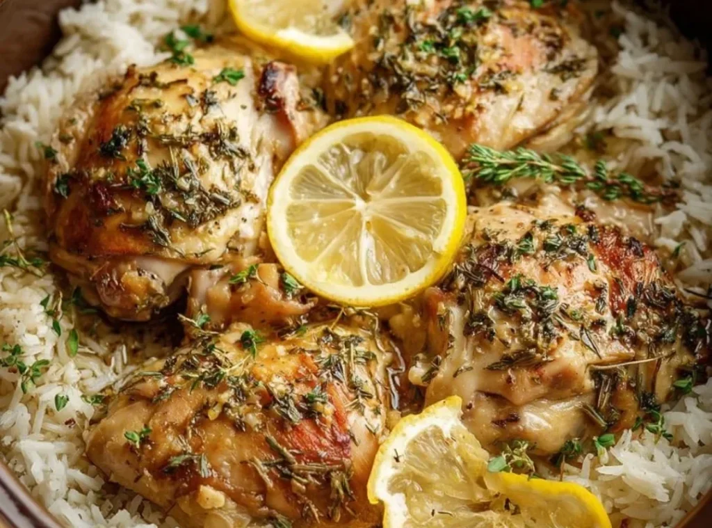 Slow cooker lemon herb chicken served with rice and fresh herbs