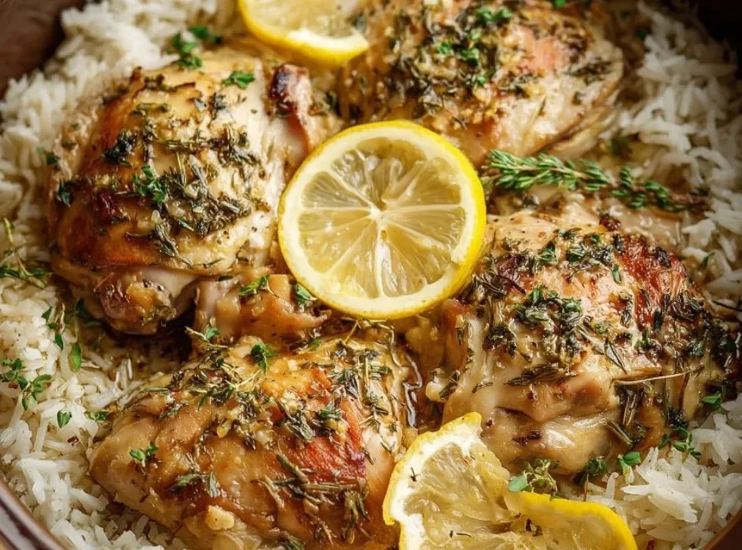 Slow cooker lemon herb chicken served with rice and fresh herbs