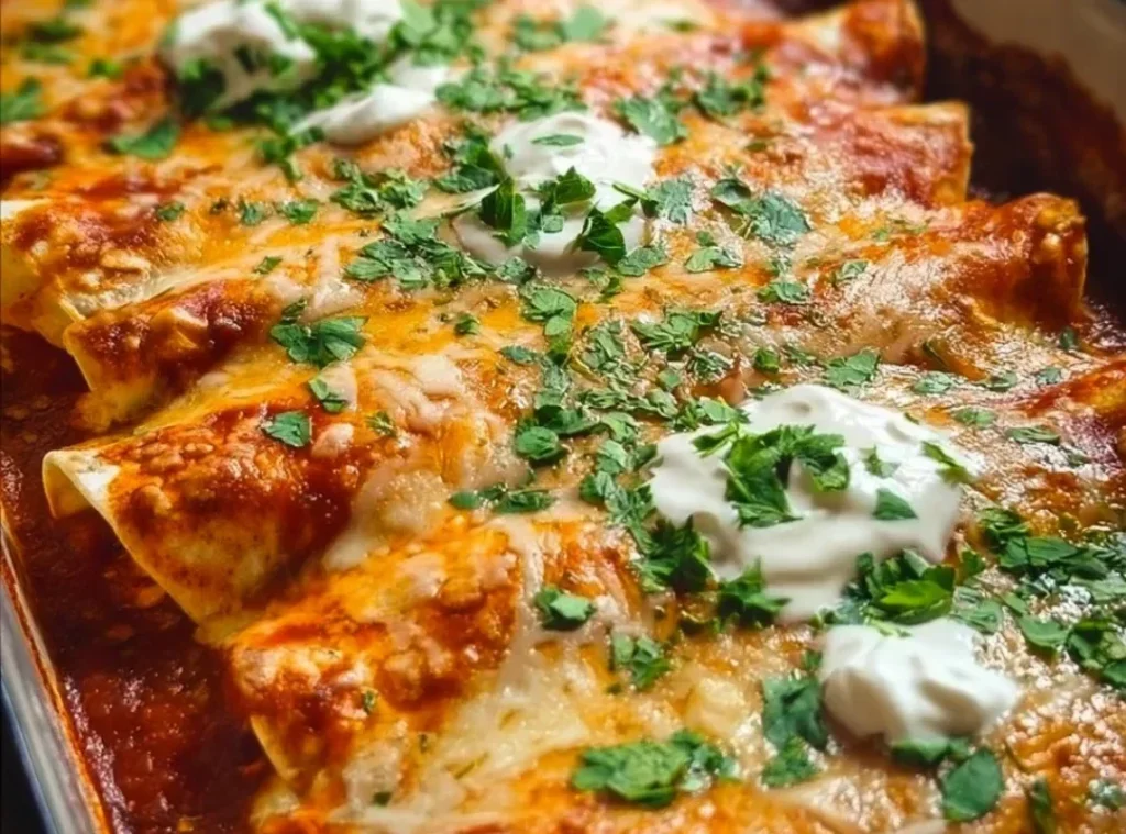 Quick and easy chicken enchiladas topped with cheese and cilantro