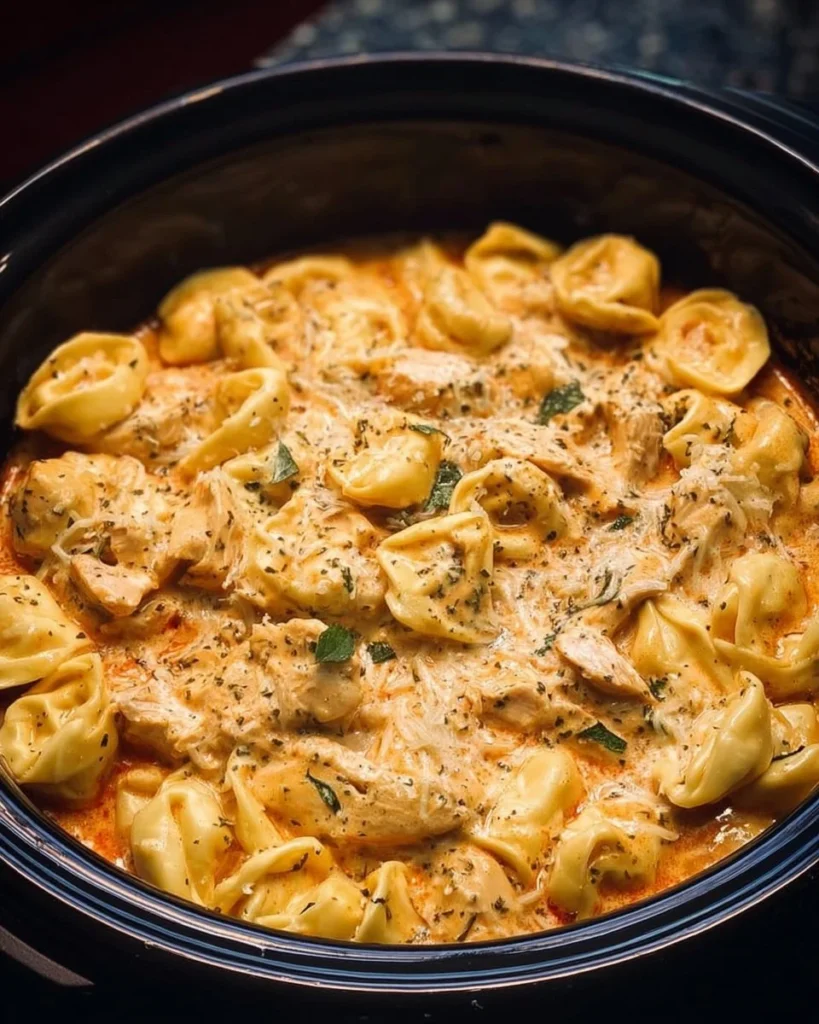 CrockPot Chicken Tortellini meal prepared in a slow cooker