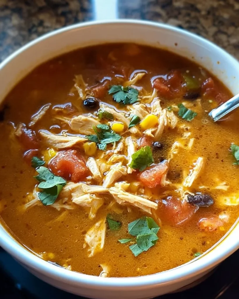 Bowl of Crockpot Chicken Tortilla Soup with toppings and ingredients