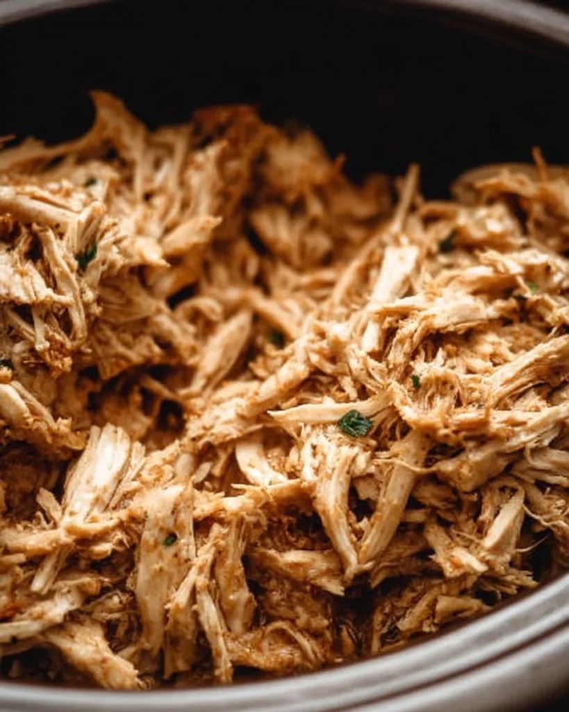 Crockpot shredded chicken served in a bowl with herbs