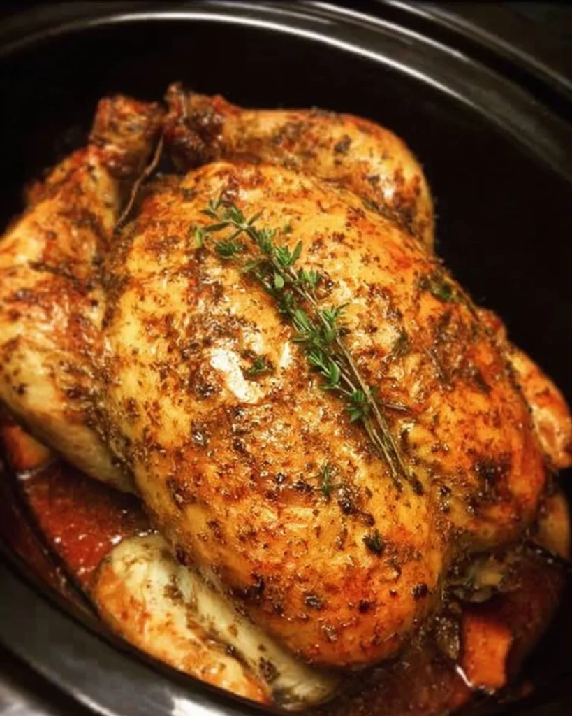 Tender Slow Cooker Whole Chicken seasoned with herbs.