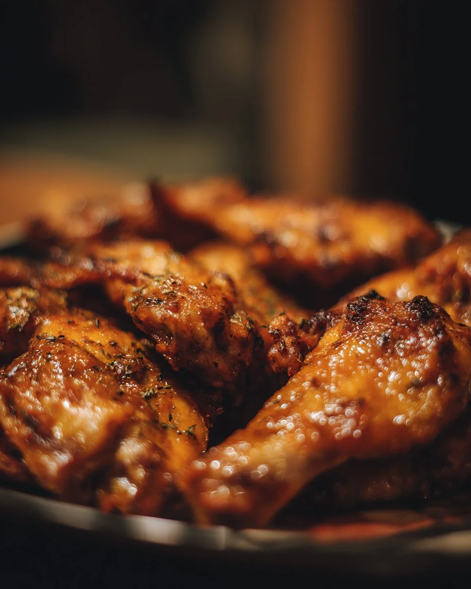 Crispy and juicy Air Fryer Chicken served on a plate with herbs and vegetables.